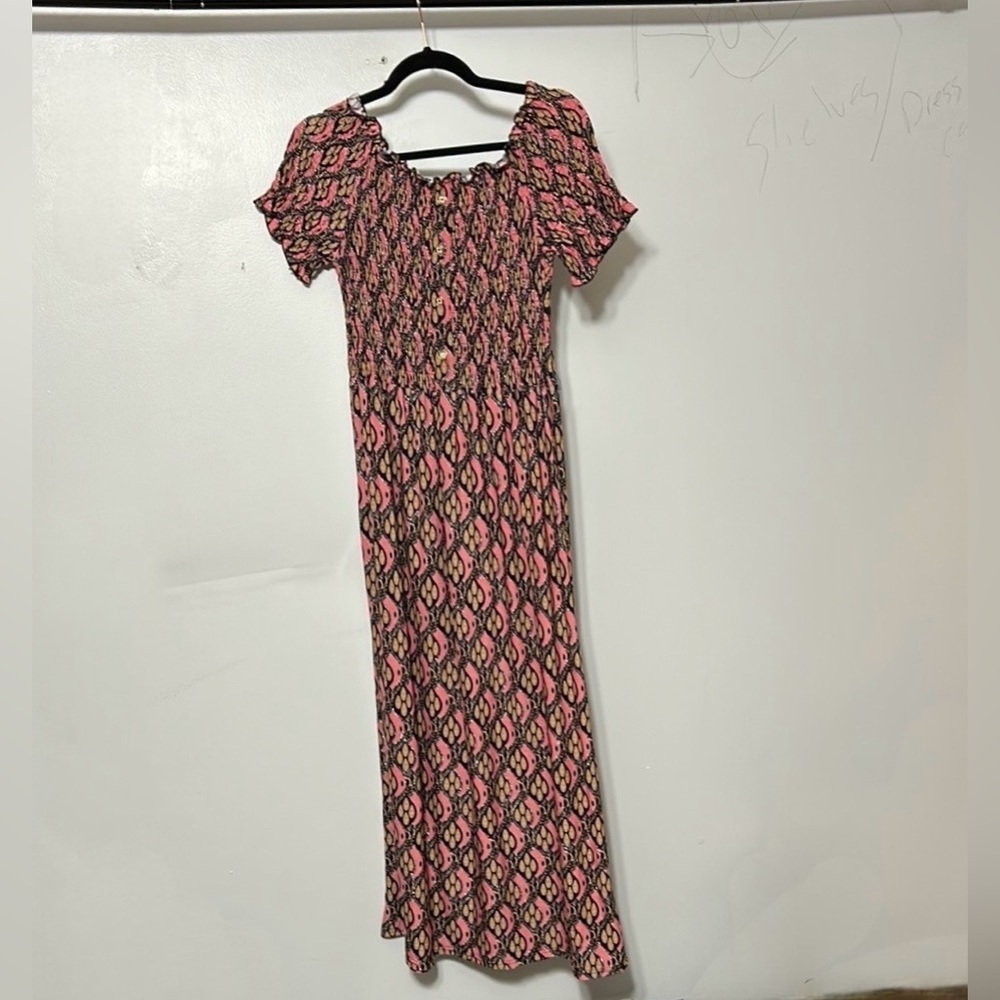 Seven Islands Smocked Pink and Tan Geometric Patterned Dress Size Large
